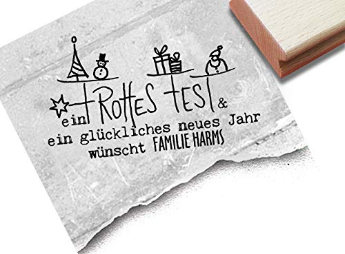 woodandwords Individueller Weihnachtsstempel EIN FROHES FEST & ein glückliches neues Jahr WÜNSCHT personalisiert mit Namen, Holz, Rechteckig, Stempel