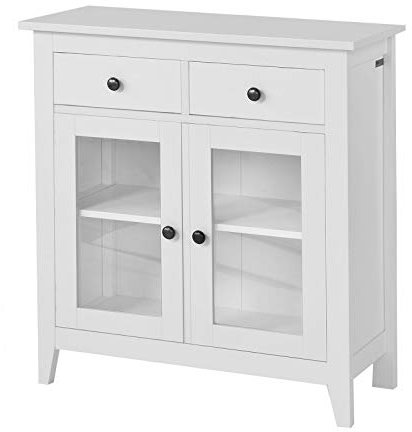 SoBuy FSB05-W Kommode Sideboard Küchenschrank mit 2 Schubladen und 2 Glastüren Flurschrank Wohnzimmerschrank B80XT32XH86cm weiß