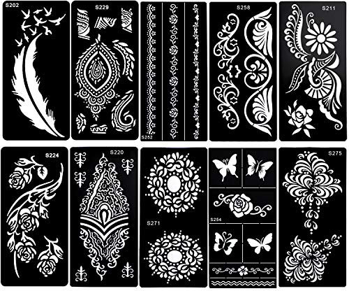 Konsait Henna Tattoo Schablonen, Glitter Tattoos Schablonen Feder Mandala Blume Schwarz Tattoos Schablone henna Tätowierung Designs für Frau Kinder Mädchen, 10 Blatt