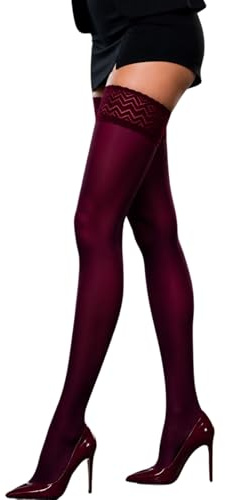 JUST BEAUTY TOUCH Blickdichte Halterlose Strümpfe für Damen – 60 Denier mit Silikon-Spitzenband, Weiches Mikrofaser, Bequem & Stilvoll (3XL/4XL, Burgund)
