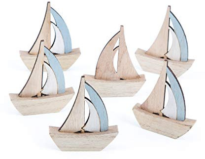 Logbuch-Verlag 6 kleine Segelboote Schiffe natur blau 8 cm aus Holz maritime Deko Boote Tischdeko Taufe Kommunion