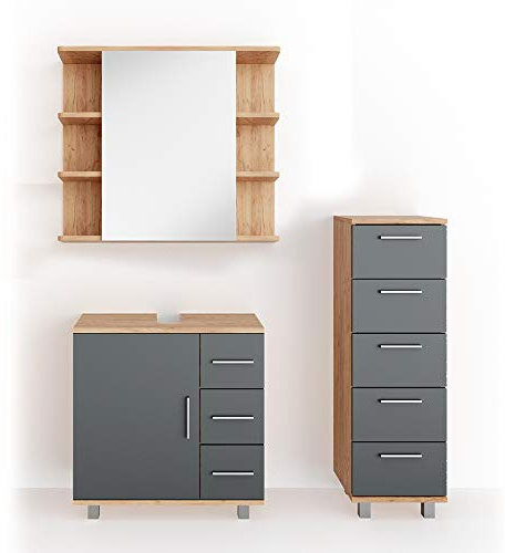 Vicco Badmöbel-Set Ilias, Eiche, 60 cm | besteht aus Waschbeckenunterschrank, Spiegelschrank und Midischrank