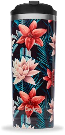 QWETCH - Travel Mug Isotherme - Tropical Noir 470ml - Thermo Café & Thé en Inox - 6h Chaud et 12h Froid - Sans BPA, Étanche, Mug de voyage