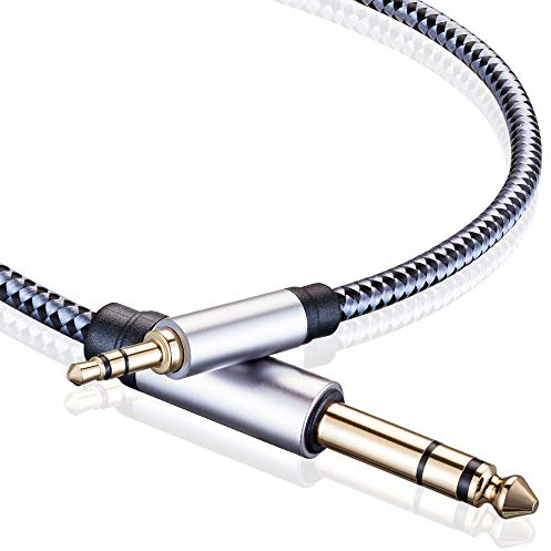 3.5mm to 6.35mm TRS Stereo Audio Cable 3M, Gold-Plated Terminal Silver Color Zinc Alloy Housing 3.5mm 1/8 Male TRS to 6.35mm 1/4 Male TRS Nylon Braided Stereo Audio Cable for iPhone, Amplifiers (3M)