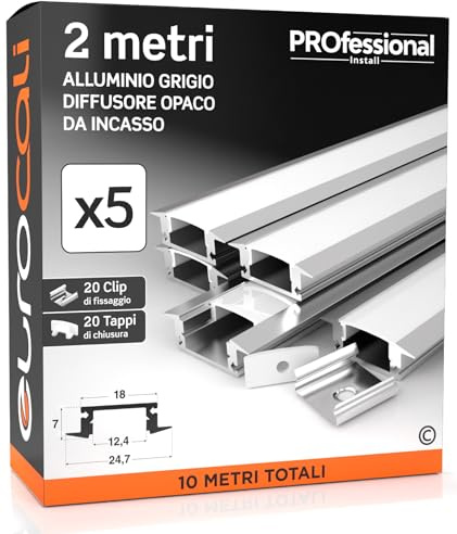 5x Profili da 2 metri (10mt) in Alluminio grigio per Strisce LED Schermatura Opaca - ingombro max striscia led 12.4mm - 24.7 x 7