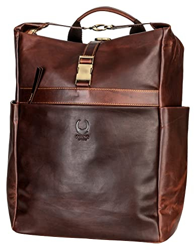 Corno d’Oro Handgjord rolltop-ryggsäck för herrar, stor, i läder | Premium XL-läderryggsäck, för damer, med justerbar volym upp till 25 l | Laptopryggsäck, 17 tums laptop, brun, BRUN, XXL, modern