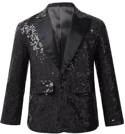 inlzdz Abito da Smoking Bambino Ragazzo Giacca con Paillettes Vestito da Cerimonia Sera Party Giacca Elegante Brillantini Blazer Cappotto da Batessimo Slim Fit 5-14 Anni Nero 9-10 anni