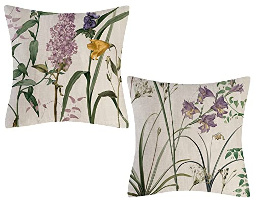 Fullfun Floral Cushion Covers with Pink Purple Flower and green leaf, Dense Linen Single Sided Print Throw Pillow Covers Decorative Throw Pillow Cases for Bedroom Sofa Chair 45cm x 45cm (2 Pack)