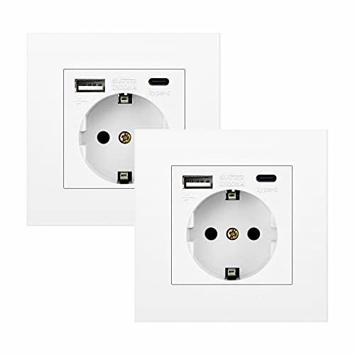 Kofelec Lot de 2 prises 1 voie avec chargeur USB, port de type C, prise murale 16 A, encastrée, blanche, cadre inclus