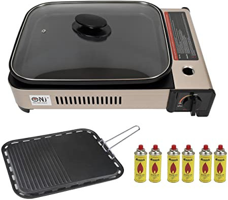 NJ Camping Gas BBQ Grill Plate Non-stick Deep Dish Pan Butane Stove Portable Cooker Glass LID (Gas Grill + 6 Canisters)