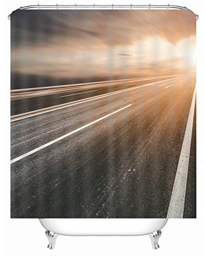 EHOMERY Duschvorhangfächer Duschrollo Für Badewanne Ohne Bohren Autobahn-Sonnenaufgang Polyester Gelb Rostfreie Ösen Und 12 Hakenringe, 160X180Cm