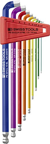 PB Swiss Tools 100° Innensechskantschlüssel Satz PB 2212.LH-10 RB | 100% Swiss Made | 9-teiliges Sechskant Winkelschraubendreher Set 1,5/2/2,5/3/4/5/6/8/10 mm mit kurzem Stiftteil