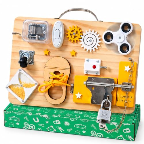 Jumble Dream Montessori Busy Board for Toddlers - Wooden Sensory Activity Toy - Educational & Fidget Play with Locks, Spinners & More - Travel Toy for Autism & ADHD - Baby Busy Board for Ages 1-4