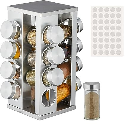 Relaxdays Tourniquet à épices, Acier INOX, 16 Pots en Verre, 40 étiquettes, Rotatif à 360°, 27,5x19,5x19,5 cm, argenté
