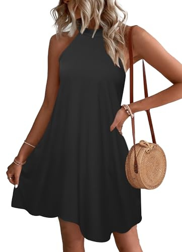 WNEEDU Vestidos de Verano de Las señoras Vestidos Cortos de Playa Halter sin Mangas A-Line Vestidos con Bolsillos Negro M