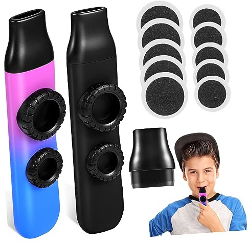 Kazoos 2 Satz mit Doppel Loch Design, Ersatzmembran und Lanyard | Kazoo Musikbegleitung, Leicht Spielbar mit Mundstück, aus Abs und Silikon, für Junge Musikliebhaber
