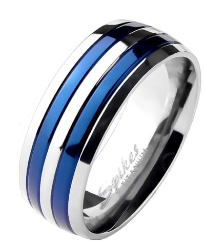 Paula & Fritz® Ring Damen Gestreift Silber Blau Titan Grade 2 Größe 64 (20,4) 8-mm breit Partnerring Verlobungsring Bandring Herren-Ring Ehering