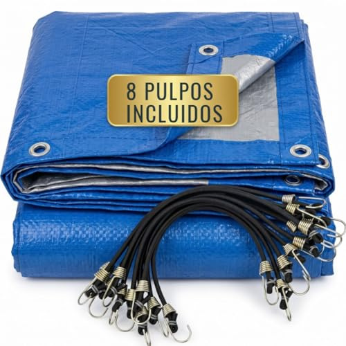 Lonas Impermeables Exterior 3x4m con 8 Pulpos Elásticos Incluidos | Lona Multiusos Reforzada PE, Protección UV e Impermeable para Camping, Jardín, Leña, Muebles, Moto y Coche