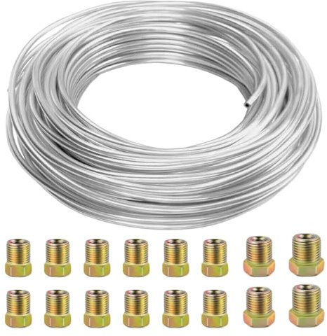 MOCNT 10m Auto Bremsleitung 1/4 Zoll Bremsleitung mit Kupferbeschichtung 6,35mm Silber Zink Bremsleitungs Schlauch Bremsrohr Auto Ersatz Bremsleitungssatz mit 16 Muttern