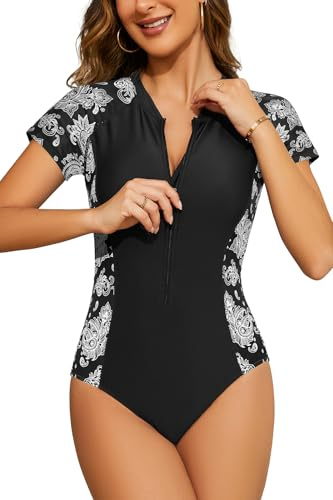 SHEKINI - Bañador de una pieza para mujer con mangas cortas, protección Rash Guard, cremallera, para surf, XXL