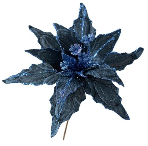 Poinsettia Fleurs artificielles à paillettes à suspendre pour décoration de sapin de Noël (bleu) 28 cm
