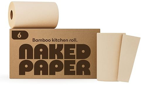 Naked Paper Unbleached Bamboo Kitchen Towels - 6 Rolls, 2-Ply Absorbent Sustainable Kitchen Towel, 100 Large Paper Towel Sheets Per Roll, No Harsh Chemicals, Food-Safe