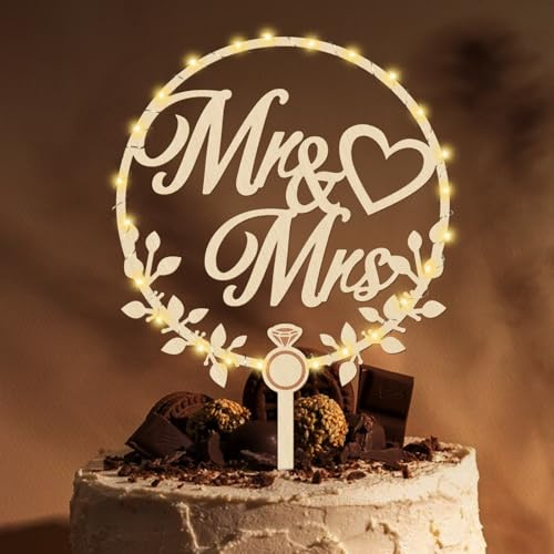 Giftota Cake Topper Hochzeit Holz Mit LED Lichterkette - Tortendeko Mr und Mrs - Hochzeitstorte Deko