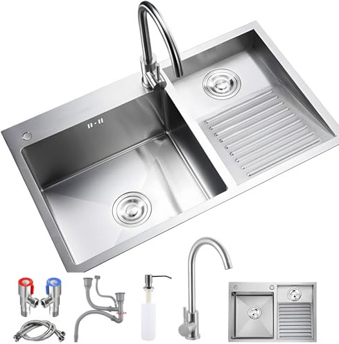 DSMRLEOP Lavabo grande – Lavabo de acero inoxidable SUS 304 de alta calidad, con grifo y doble lavabo para cocina, baño, lavadero y balcón, duradero, fácil de limpiar (plata de imitación)