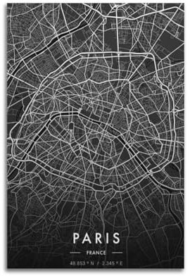 VBYTAXTWJ Póster decorativo de mapa de París, Francia, pintura decorativa, lienzo, póster de pared e imagen artística moderna para decoración de dormitorio familiar, pósteres de 20 x 30 pulgadas (50 x
