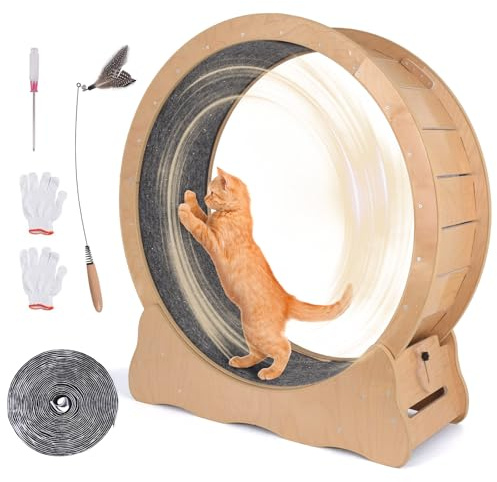 Doppy Rueda de ejercicio para gatos para gatos de interior con base mejorada y pista moquetada desmontable, rueda de madera de 35.4 pulgadas con bajo ruido para peso de fitness y entretenimiento