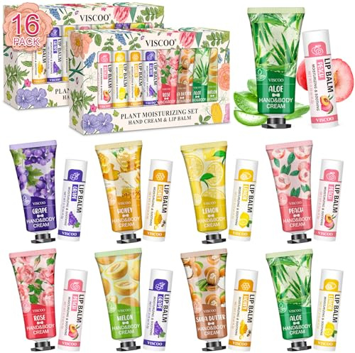 VISCOO 16 Pack Bulk Lip Balm and Hand Cream Set, Mothers Day Gifts, Teacher Appreciation Gifts, Nurses Week Gift, Thank You Bridal Wedding Favors for Guests, Small Gift for Women Birthday