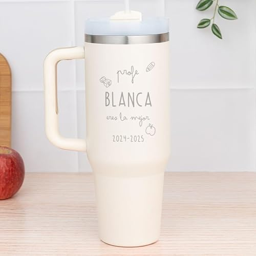 Wanapix | Taza Térmica Blanca XL Personalizada | Conserva Frío y Calor | Profe