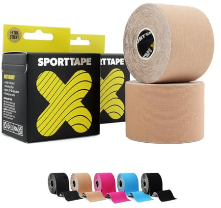 2 Rollos SPORTTAPE Cinta Kinesiológica Extra Adhesiva 5cm x 5m – Beige – Vendaje Deportivo Impermeable y Hipoalergénico para Músculos, Rodilla, Tobillo y Lesiones – Elástica y de Grado Profesional