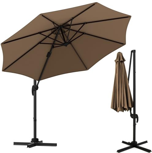 KOMFOTTEU Ombrellone da Giardino 3m a 360° con 5 Angoli di Inclinazione Regolabili, Ombrellone Parasole da Balcone con Base a Croce, 8 Osse e Manovella, per Patio, Spiaggia, Piscina (Marrone)