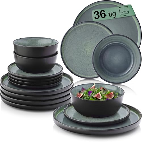 SÄNGER Malmö Steingut Geschirr Set 36 tlg Teller Set 12 Personen, Geschirr | 12x Speiseteller 12x Müslischalen 12x Dessertteller, Tafelservice dunkelgrün kratzfest, Essgeschirr