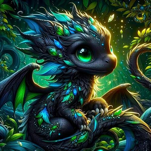 Picmondoo Diamond Painting - 50x50cm - Drago der kleine Drache | quadratische Harzsteine, AB-Steine, Strass- & Metallicfarben, klares Raster, Stift, Wachs & Schale für entspanntes DIY