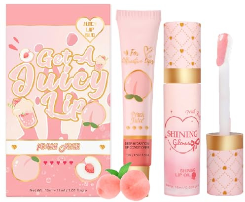 Lip Care Duo Set - Lip Conditioner & Lip Oil Set - Hydrating and Nourishing Treatment - Lip Gloss Balm For Dry and Chapped Lips - Moisturizing Gifts Set For Teenage Girls(Peach)