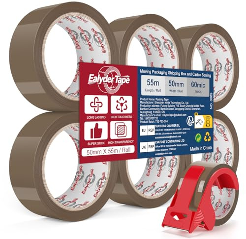 6 Rollos Cinta Embalaje Marrón 50mm x 55m Fuerte Adhesivo + Dispensador | Fuerte adhesión para cartones, envíos y mudanzas. Cinta robusta con dispensador práctico para embalaje rápido.