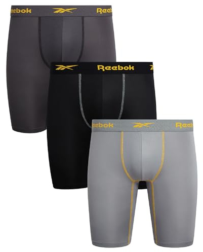 Reebok Mens Boxer Briefs - 3 Pack 9'' Inseam Stretch Performance Long Leg Mens Underwear Boxers with Contour Support Pouch, Size Large, Black/Dark Grey/Medium Grey
