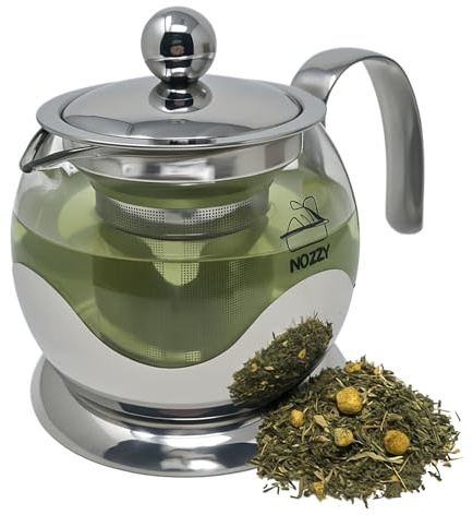 Nozzy Théière en verre avec infuseur en acier inoxydable, théière en borosilicate de 800 ml, design moderne transparent avec passoire pour thé en vrac, 4 à 6 tasses