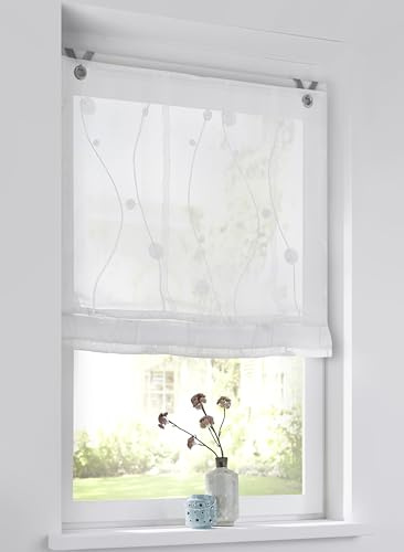 Kutti Ösenrollo Nelly Weiß – halbtransparent mit gesticktem Rankenmuster – 80x140 cm – dekoratives Polyester-Rollo mit weißer Rankenstickerei, angenehme Lichtdurchlässigkeit, einfache Ösenbefestigung