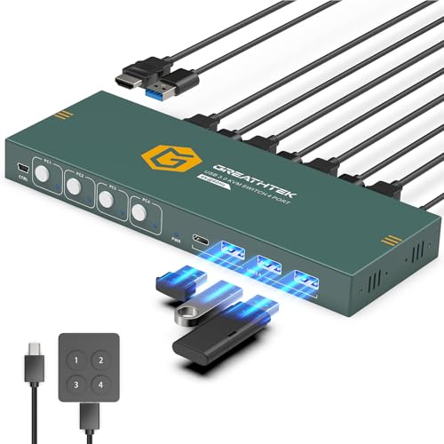 HDMI KVM Switch 4 PC 1 Monitor 4K@60Hz KVM Switches witch (3*USB 3.0+ USB C Port) für 4 Computer Teilen Sie Monitor, Tastatur, Maus,4 IN 1 OUT, Adaptive EDID, mit Desktop Controller