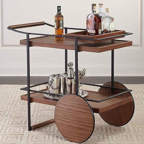 KIBONCY Carro de Bar Industrial Retro de 2 Niveles con Bandeja Lateral con Detalles de Ruedas de Madera - Carro de Servicio rodante for el hogar, Bar, Cocina, Sala de Estar