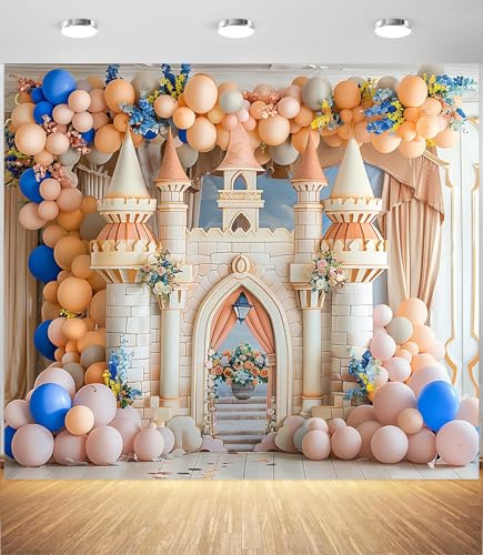 Toile de fond château rose pour photographie – Toile de fond pour arche de ballons princesse avec motif floral fantastique, toile de fond pour fête de princesse pour anniversaire, fête prénatale et