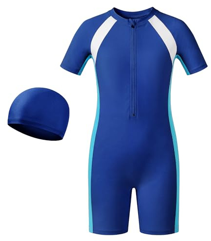 Baogaier Kids Swimming Costume with Cap Kids One-Piece Swimsuit 4-12 Years | Short Sleeve, Front Zip Rash Guard Swimwear, 2pcs Bathing Suit, For Summer Surfing Water Sports Beach School Swim Training