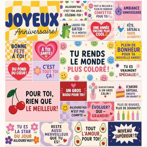 Edition Colibri Cartes Anniversaire Set 25 Cartes en Français – Cartes de Vœux Colorées Rétro – Cartes Postales Happy Birthday avec Messages – Cadeau Enfants Adultes Amis Collègues