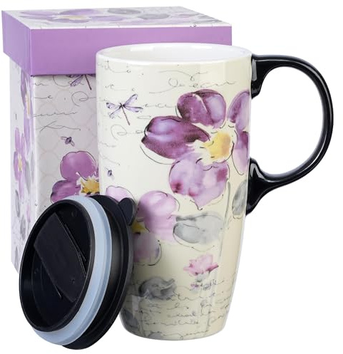 Topadorn Tall Ceramic Travel Mug 17 oz. Coffee Cups Sealed Lid With Color Box (Purple Flower)
