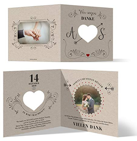 10 x Lasergeschnittene Danksagungskarten Hochzeit Hochzeitskarten Dankeskarten individuell mit Foto und Text Quadrat Klappkarte 148x148mm - Vintage Kraftpapier