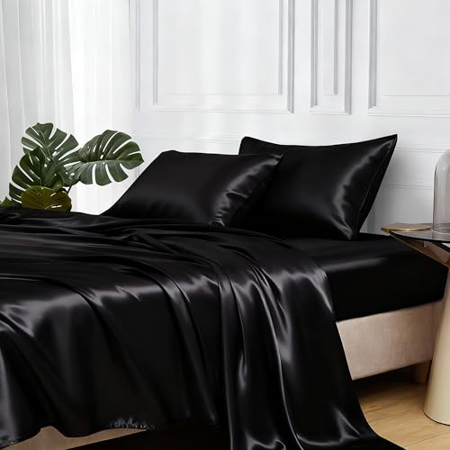 MR&HM - Set di lenzuola king size in raso con fasce elastiche agli angoli, set di biancheria da letto setoso in 4 pezzi, tasche profonde da 38 cm, ideale per capelli e pelle (King, Nero)