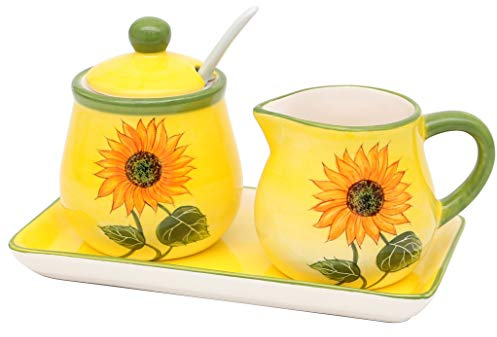 Dekohelden24 Dolomite Zuckerdose mit Löffel, Milchkännchen und Platte als 3er Set, Motiv: Sonnenblume in gelb/grün, Größe ca. 19 x 10,5 cm.